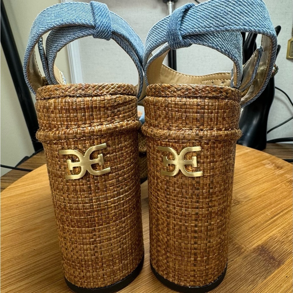 NWOT New Sam Edelman Tibby Platform Heels Size 5.5 or 6 in Blue Denim and Brown - Picture 5 of 11